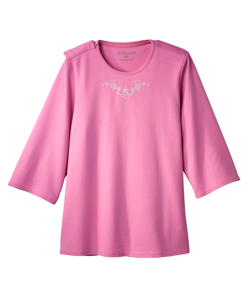 Women's Open Back 3/4 Length Sleeve Top with Embroidery