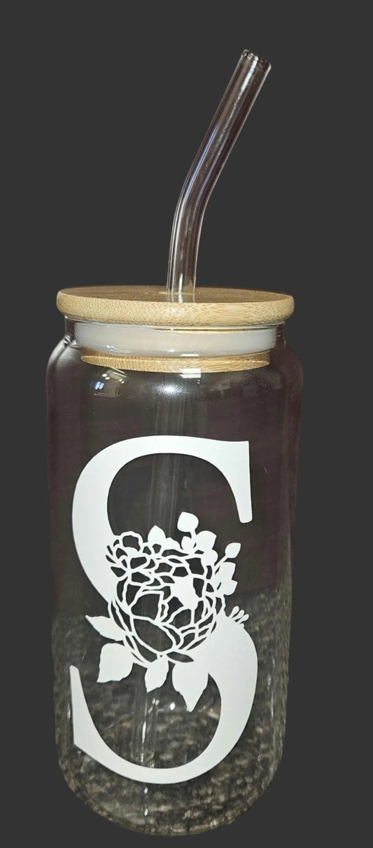 Floral Initial 18 oz Glass Cup with Lid