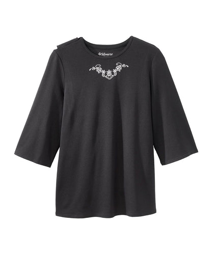 Women's Open Back 3/4 Length Sleeve Top with Embroidery